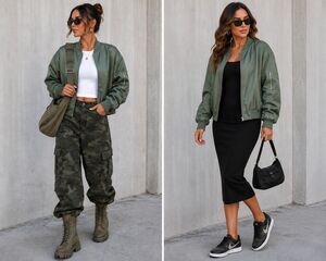 Olive Green Satin MA-1 Flight Bomber Jacket Women L Streetwear Casual Chic